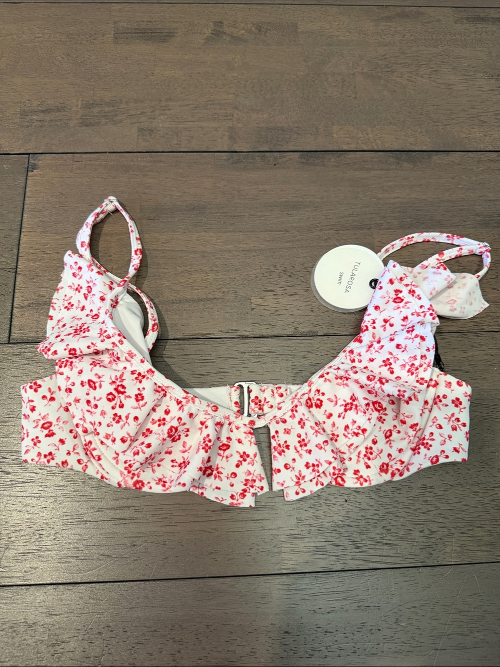 Tularosa White underwire Bikini Top with Red Floral Ruffle Detail